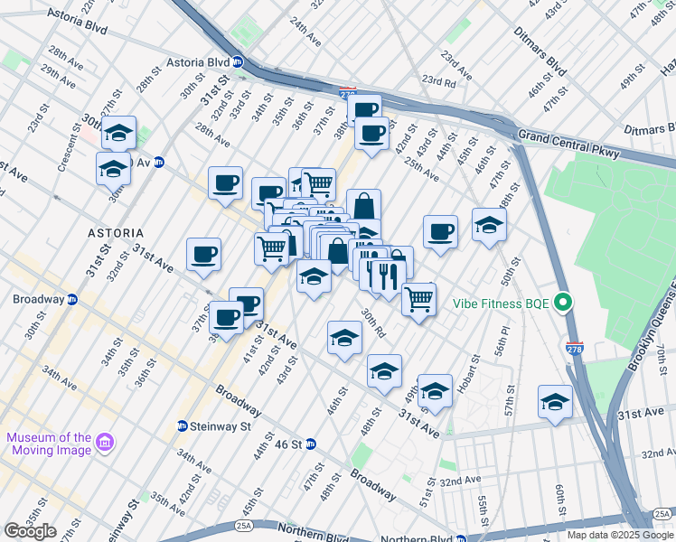 map of restaurants, bars, coffee shops, grocery stores, and more near 43-04 30th Avenue in Queens
