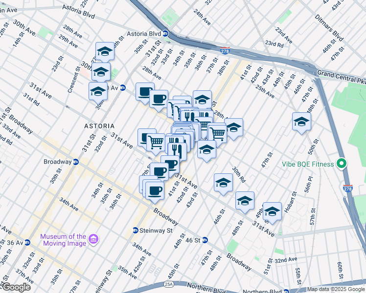 map of restaurants, bars, coffee shops, grocery stores, and more near 30-49 Steinway Street in Queens