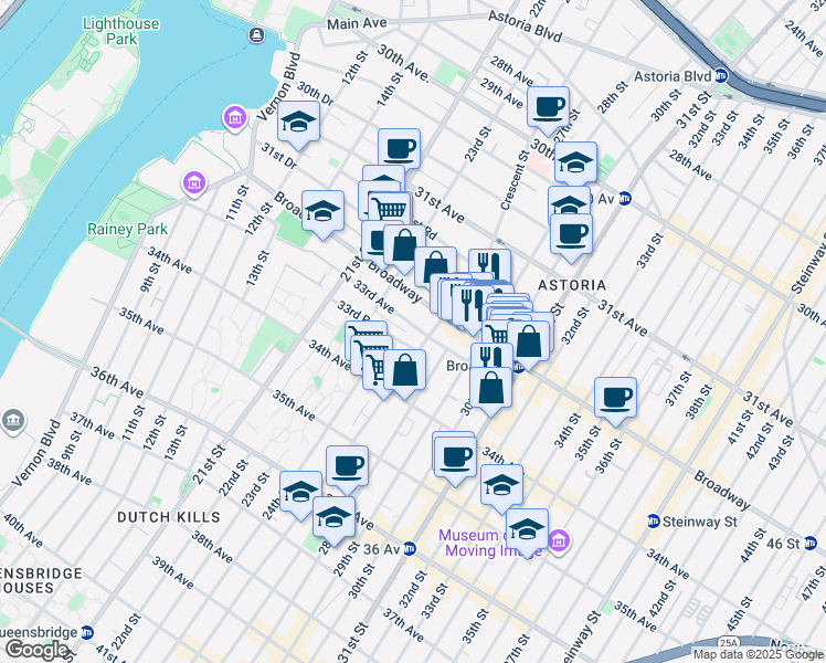 map of restaurants, bars, coffee shops, grocery stores, and more near 33-07 Crescent Street in Queens