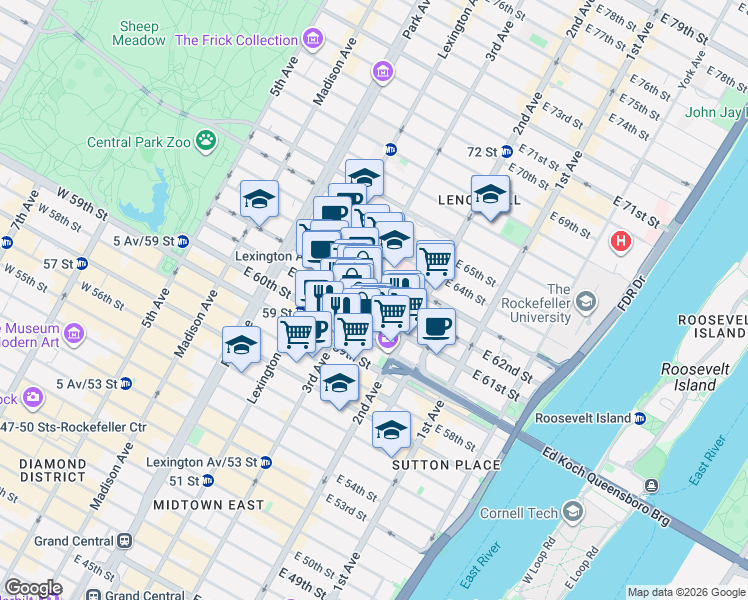 map of restaurants, bars, coffee shops, grocery stores, and more near 210A East 61st Street in New York