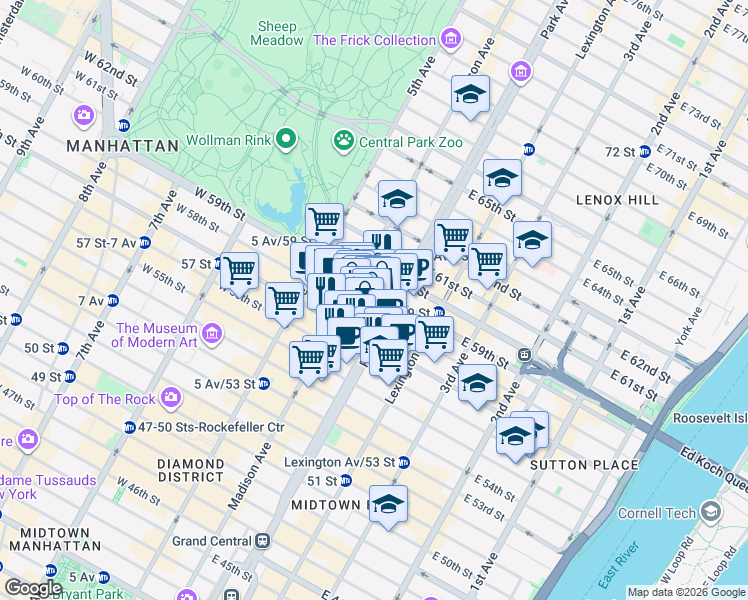 map of restaurants, bars, coffee shops, grocery stores, and more near 33 East 58th Street in New York