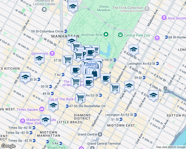 map of restaurants, bars, coffee shops, grocery stores, and more near 48 West 55th Street in New York