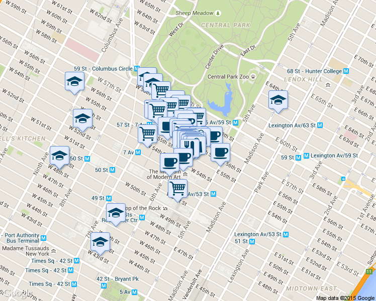 map of restaurants, bars, coffee shops, grocery stores, and more near 48 West 55th Street in New York