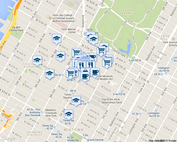 map of restaurants, bars, coffee shops, grocery stores, and more near 152 West 52nd Street in New York