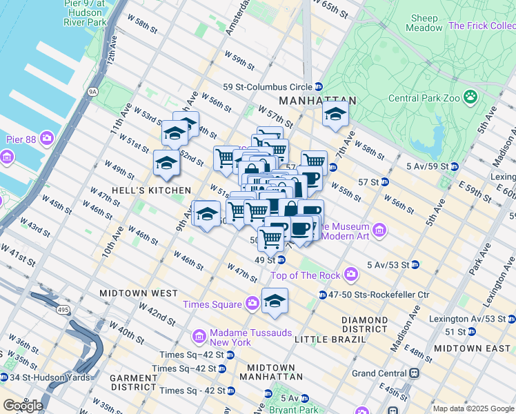 map of restaurants, bars, coffee shops, grocery stores, and more near 217 West 51st Street in New York