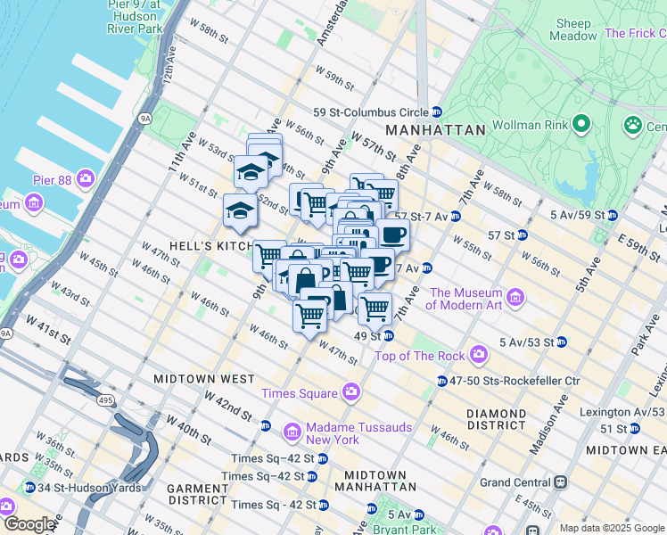 map of restaurants, bars, coffee shops, grocery stores, and more near 810 8th Avenue in New York