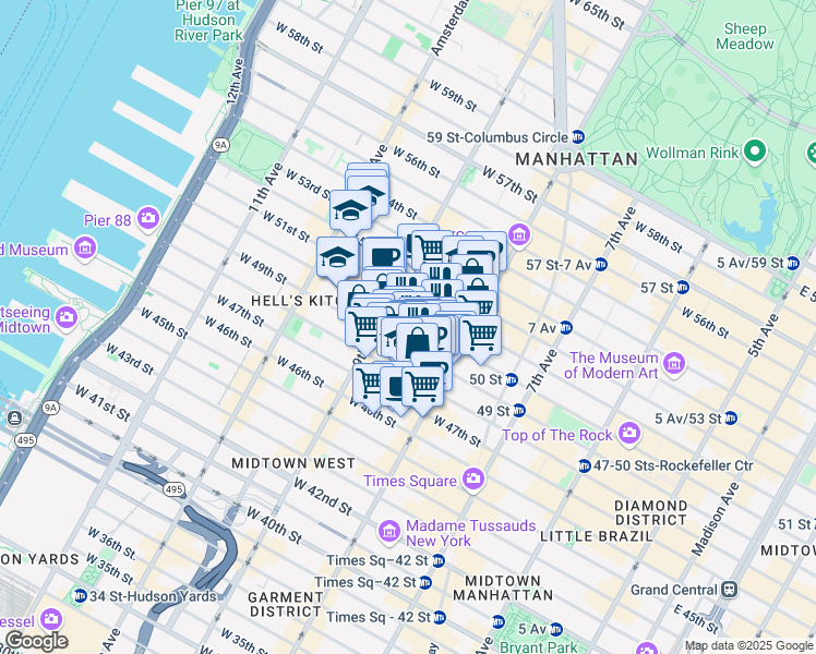 map of restaurants, bars, coffee shops, grocery stores, and more near 350 West 50th Street in New York