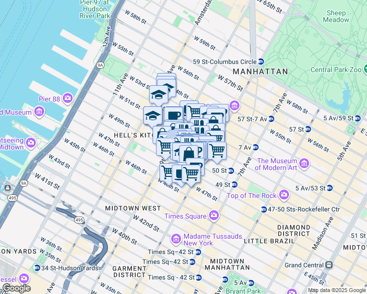 map of restaurants, bars, coffee shops, grocery stores, and more near 825 8th Avenue in New York