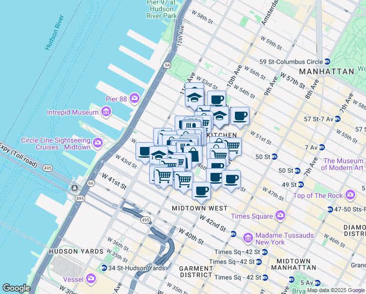 map of restaurants, bars, coffee shops, grocery stores, and more near 456 West 47th Street in New York