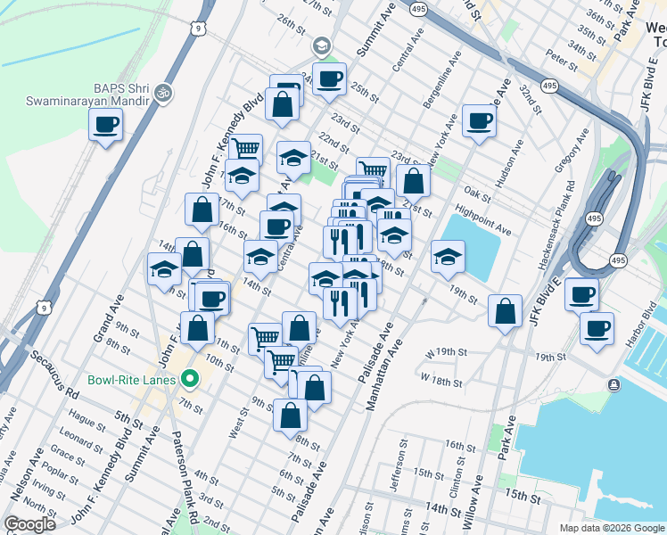 map of restaurants, bars, coffee shops, grocery stores, and more near 1610 Bergenline Avenue in Union City