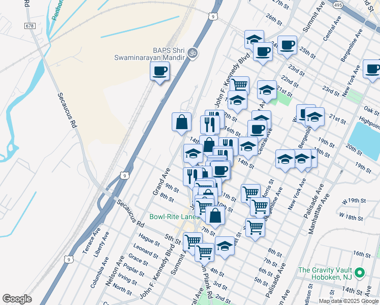 map of restaurants, bars, coffee shops, grocery stores, and more near 1302 12th Street in North Bergen
