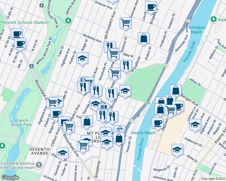 map of restaurants, bars, coffee shops, grocery stores, and more near 342 Broadway in Newark