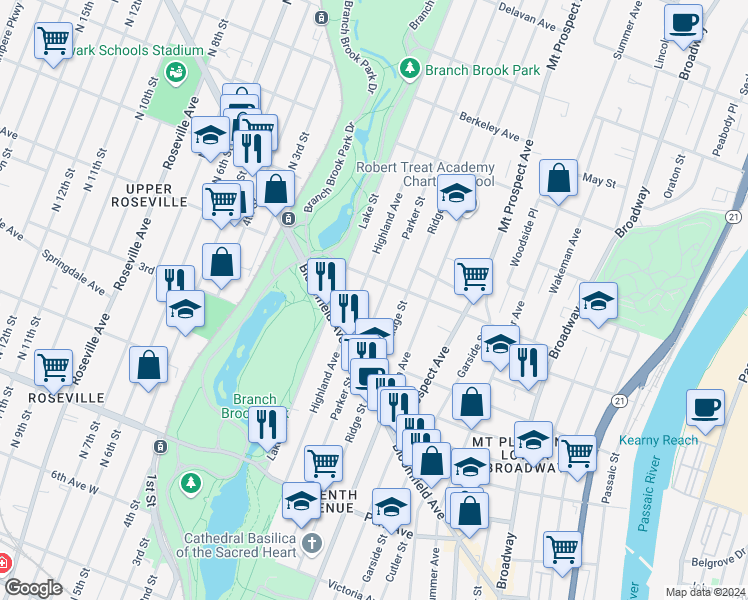 map of restaurants, bars, coffee shops, grocery stores, and more near 266 Parker Street in Newark