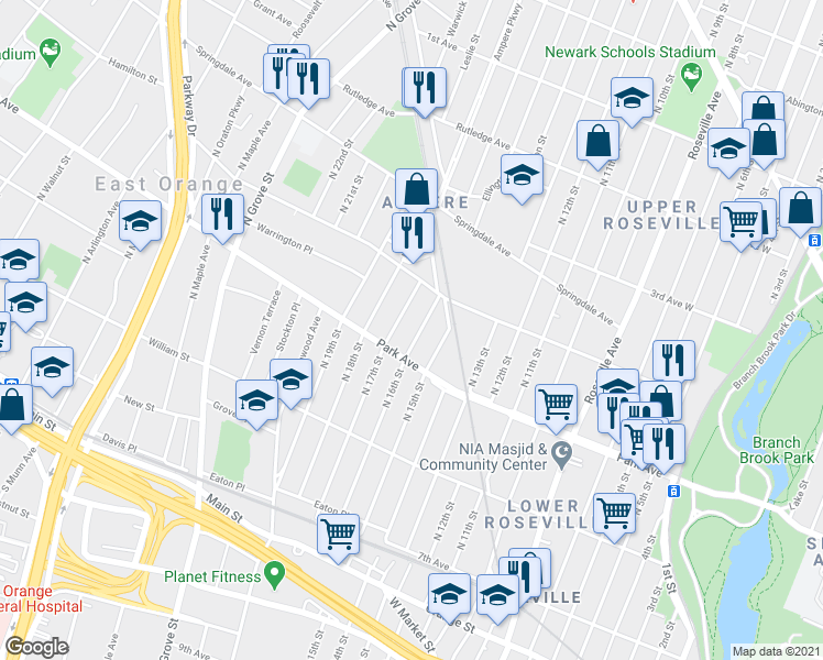 map of restaurants, bars, coffee shops, grocery stores, and more near 66 Park Avenue in East Orange