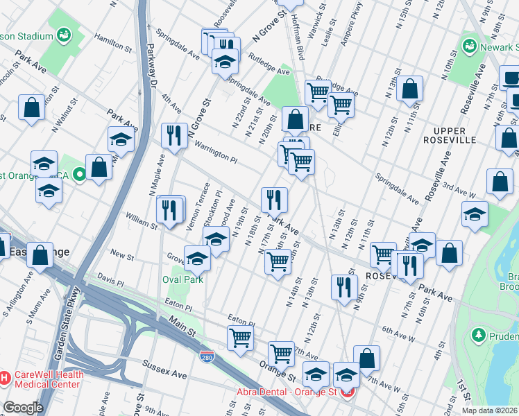 map of restaurants, bars, coffee shops, grocery stores, and more near 107 North 18th Street in East Orange