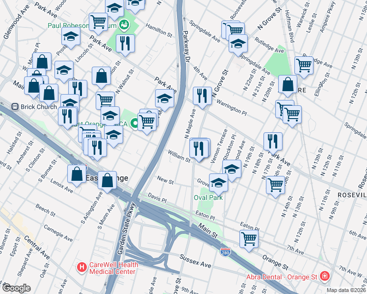 map of restaurants, bars, coffee shops, grocery stores, and more near 238 William Street in East Orange