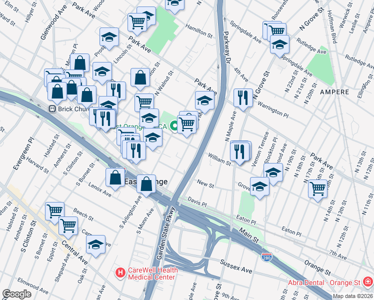map of restaurants, bars, coffee shops, grocery stores, and more near 91 North Munn Avenue in East Orange