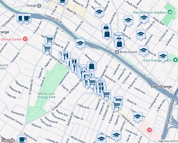 map of restaurants, bars, coffee shops, grocery stores, and more near 176 South Harrison Street in East Orange