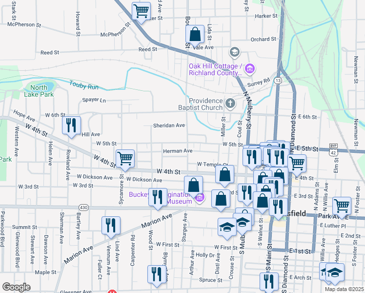 map of restaurants, bars, coffee shops, grocery stores, and more near 236 Clairmont Ave in Mansfield