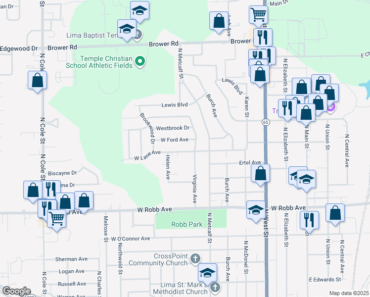 map of restaurants, bars, coffee shops, grocery stores, and more near 637 West Lane Avenue in Lima