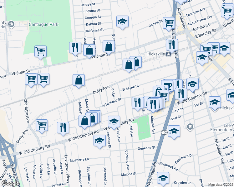 map of restaurants, bars, coffee shops, grocery stores, and more near in Hicksville