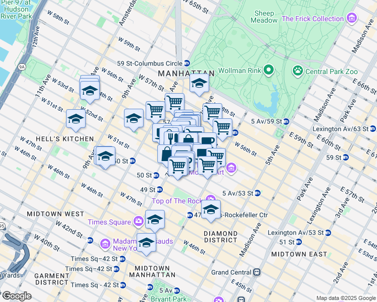 map of restaurants, bars, coffee shops, grocery stores, and more near 159 West 53rd Street in New York
