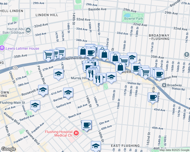 map of restaurants, bars, coffee shops, grocery stores, and more near 41-13 150th Street in Queens