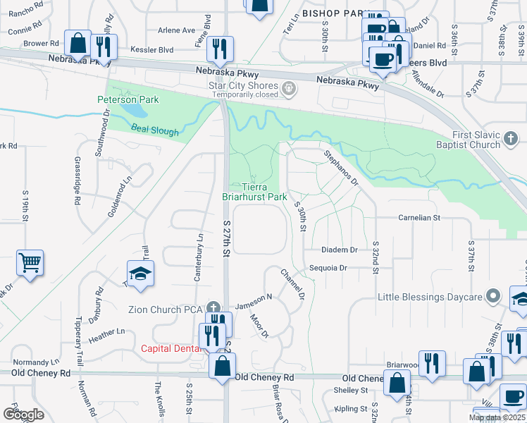 map of restaurants, bars, coffee shops, grocery stores, and more near 5198 Emerald Drive in Lincoln