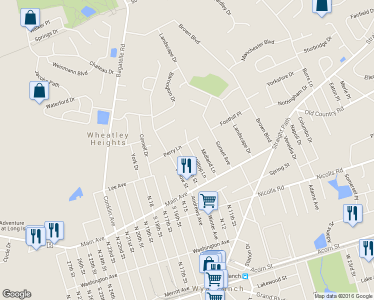 map of restaurants, bars, coffee shops, grocery stores, and more near 38 Hilltop Lane in Wheatley Heights