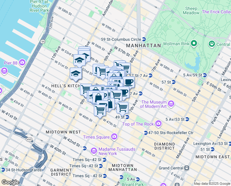 map of restaurants, bars, coffee shops, grocery stores, and more near 305 West 50th Street in New York
