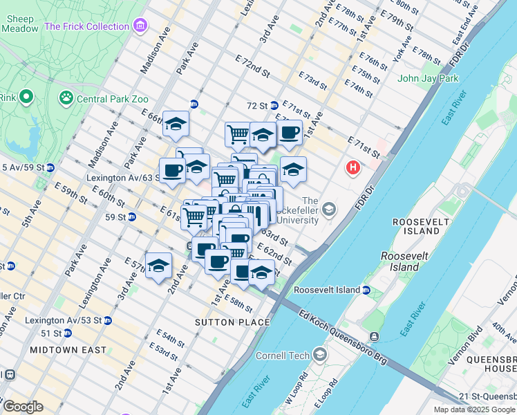 map of restaurants, bars, coffee shops, grocery stores, and more near 345 East 64th Street in New York