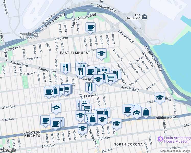map of restaurants, bars, coffee shops, grocery stores, and more near 97-09 Astoria Boulevard in Queens