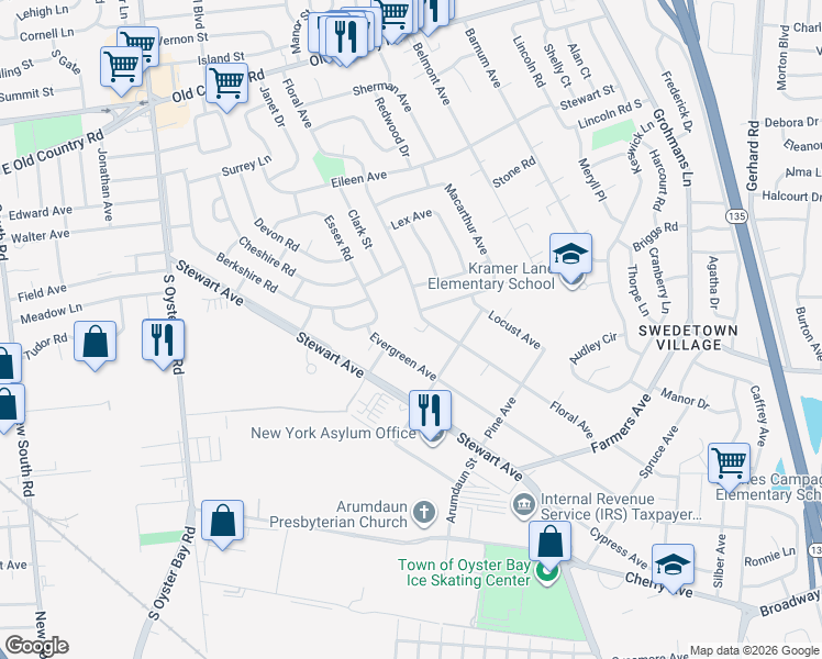 map of restaurants, bars, coffee shops, grocery stores, and more near 224 Evergreen Avenue in Bethpage