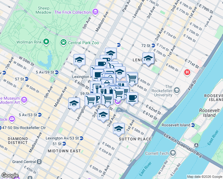 map of restaurants, bars, coffee shops, grocery stores, and more near 200 East 62nd Street in New York