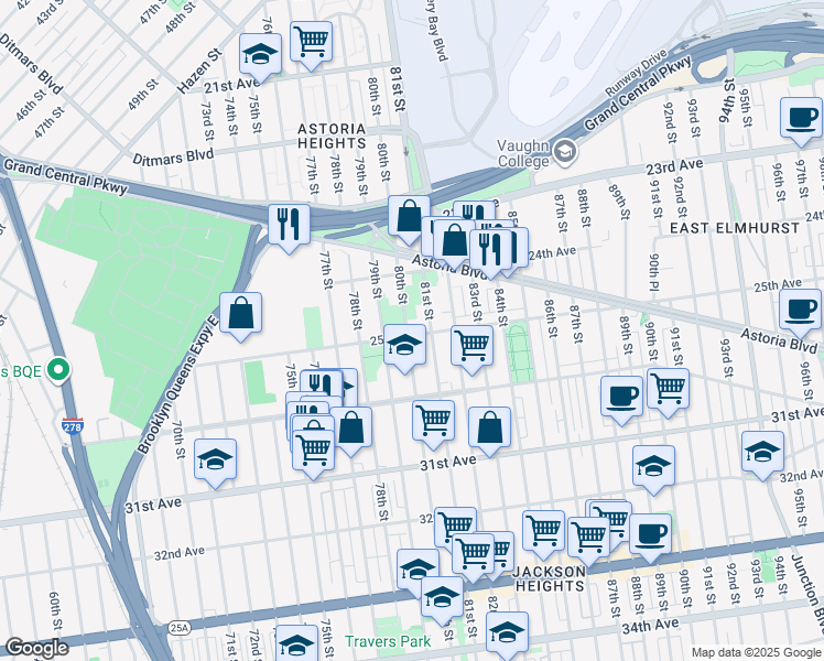 map of restaurants, bars, coffee shops, grocery stores, and more near 11 80th Street in Queens