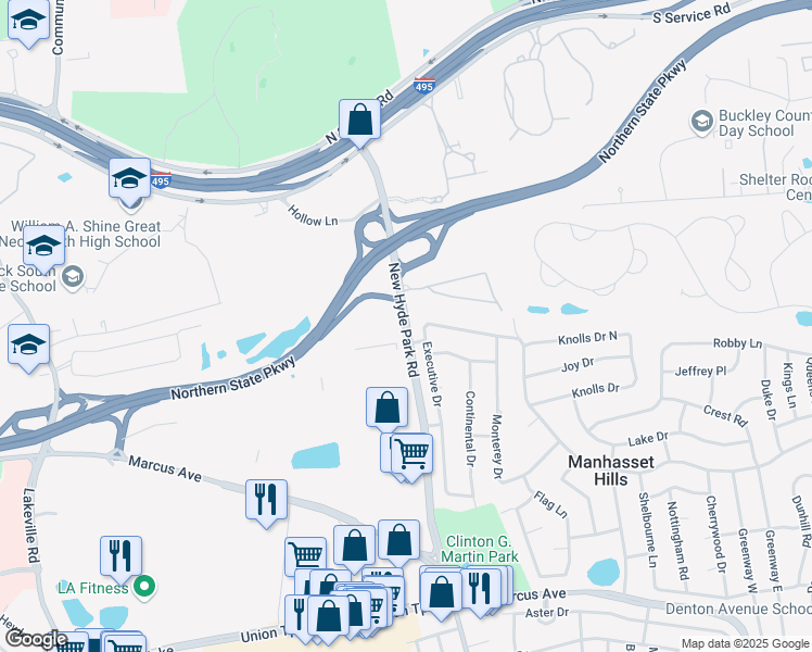 map of restaurants, bars, coffee shops, grocery stores, and more near 2 Suburban Gate in New Hyde Park