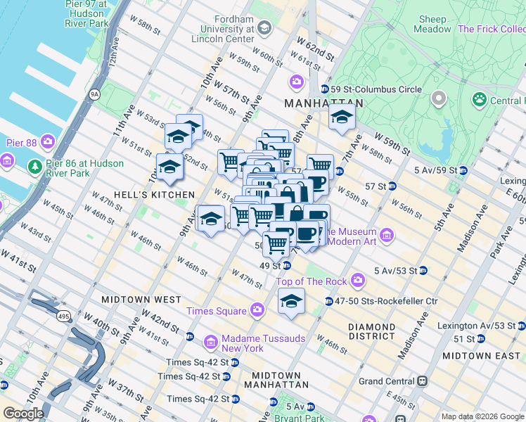 map of restaurants, bars, coffee shops, grocery stores, and more near 217 West 51st Street in New York