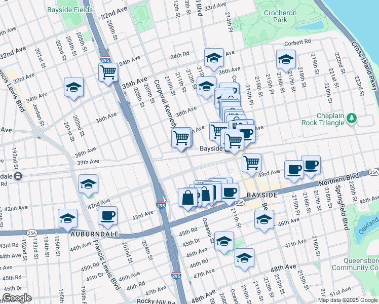 map of restaurants, bars, coffee shops, grocery stores, and more near 40-05 209th Street in Queens