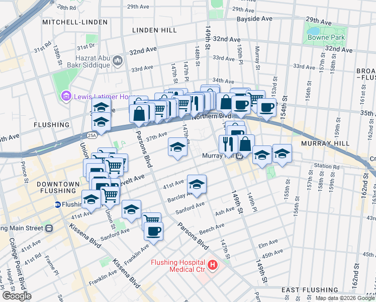 map of restaurants, bars, coffee shops, grocery stores, and more near 144-77 Roosevelt Avenue in Queens