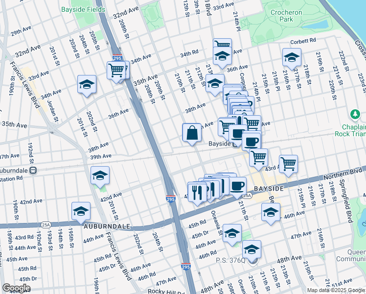 map of restaurants, bars, coffee shops, grocery stores, and more near 209-10 41st Avenue in Queens
