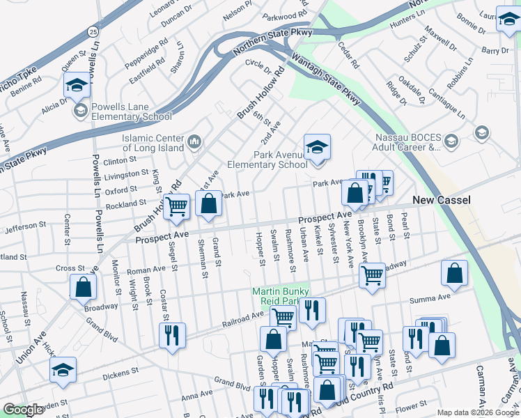 map of restaurants, bars, coffee shops, grocery stores, and more near 893 Prospect Avenue in Westbury