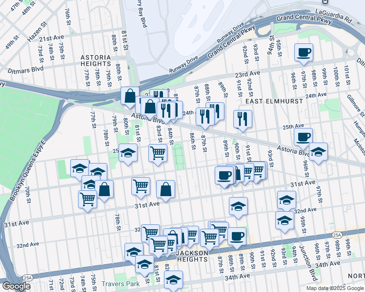 map of restaurants, bars, coffee shops, grocery stores, and more near in Queens