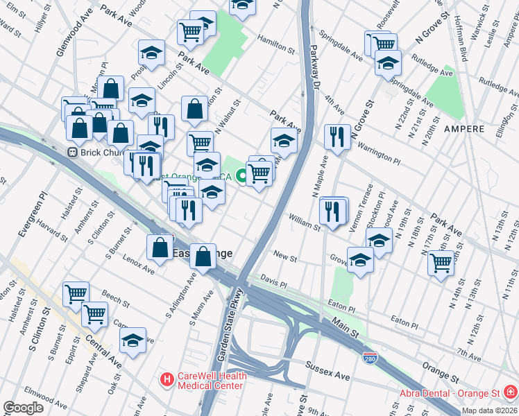 map of restaurants, bars, coffee shops, grocery stores, and more near 91 North Munn Avenue in East Orange