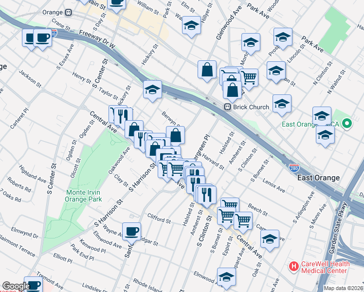 map of restaurants, bars, coffee shops, grocery stores, and more near 144 South Harrison Street in East Orange