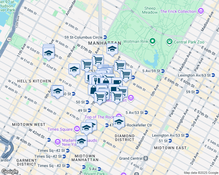 map of restaurants, bars, coffee shops, grocery stores, and more near 1325 6th Avenue in New York