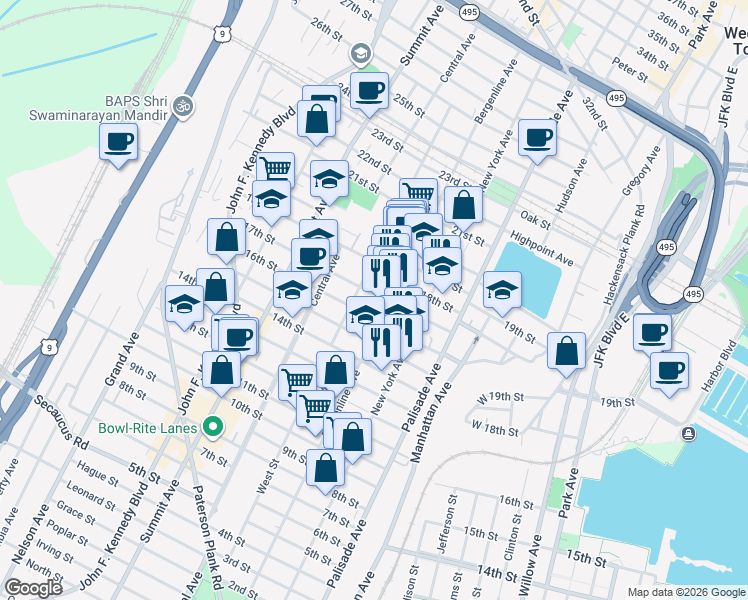 map of restaurants, bars, coffee shops, grocery stores, and more near 1610 Bergenline Avenue in Union City