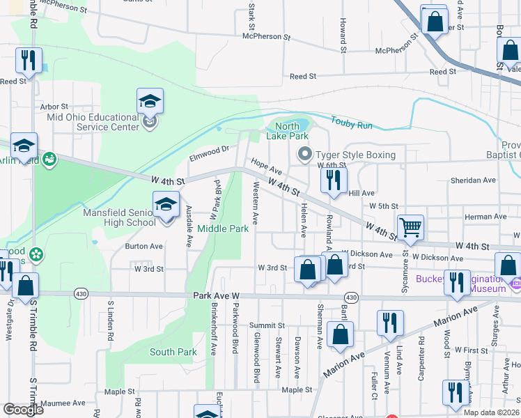 map of restaurants, bars, coffee shops, grocery stores, and more near 154 Western Avenue in Mansfield