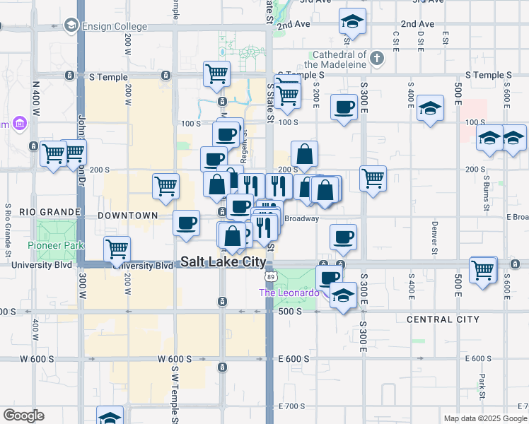 map of restaurants, bars, coffee shops, grocery stores, and more near 268 South State Street in Salt Lake City