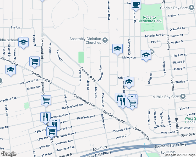 map of restaurants, bars, coffee shops, grocery stores, and more near 54 Arlene Drive in Brentwood
