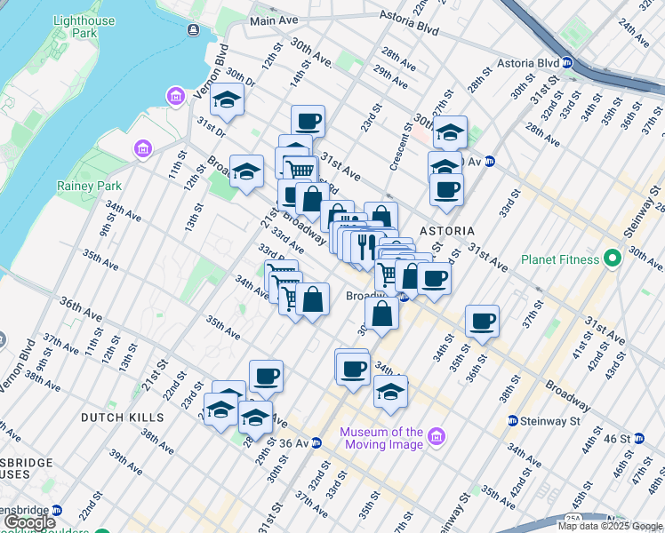 map of restaurants, bars, coffee shops, grocery stores, and more near 33-07 Crescent Street in Queens